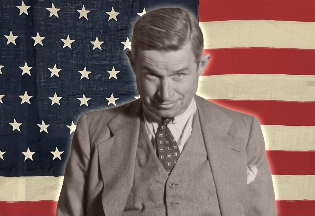Will Rogers and the American flag as a backdrop.