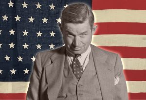 Will Rogers and the American flag as a backdrop.