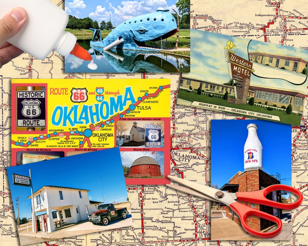 Photos of Oklahoma Landmarks on Route 66, maps, glue and scissors.