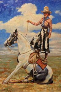 A painting of a female trick rider standing on a saddle, holding the reigns of seated Pinto.