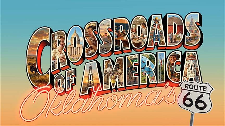 A stylized postcard image with people and sites from Route 66 pictured in the letters 'CROSSROADS OF AMERICA'