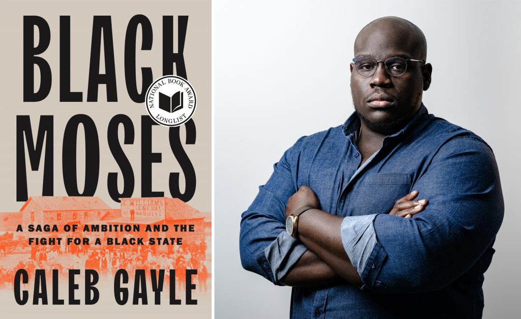 Bookcover with large lettering 'Black Moses' and a portrait of the author Caleb Gayle.