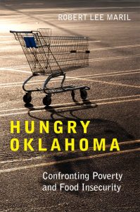 Bookcover depicting a lone shopping cart in an empty parking lot with the words 'Hungry Oklahoma.'