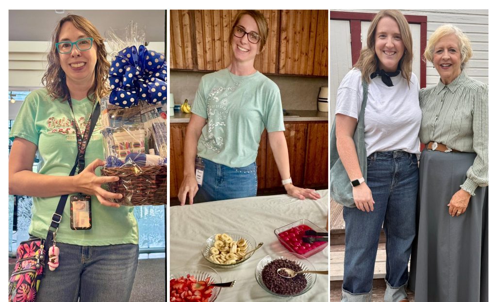 Teacher holding a gift basket and standing with a schoolmarm. An ice cream sundae bar.