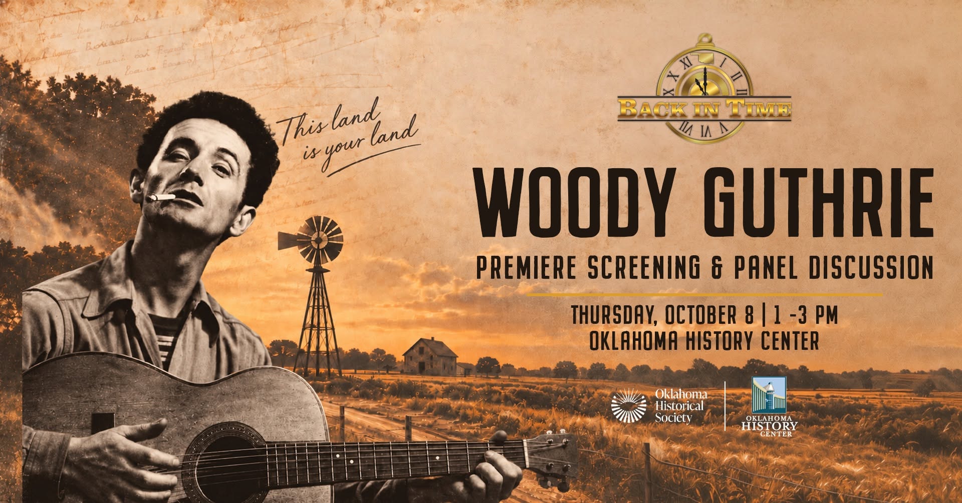 Woody Guthrie plays a guitar with a windmill in the background.