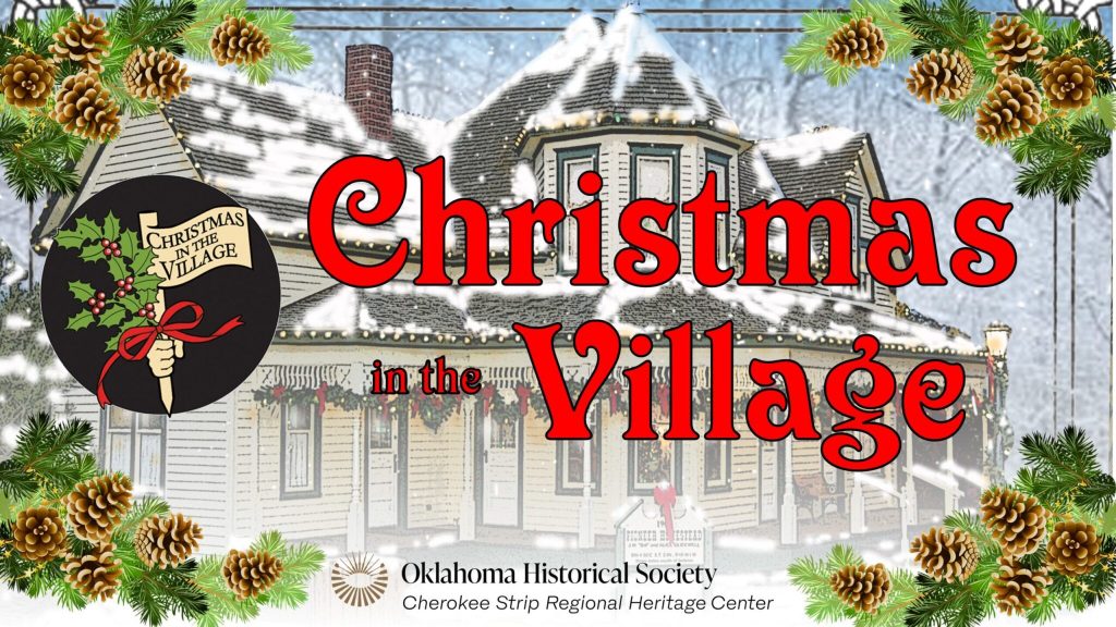 A snowy scene with snow of the rooftops of the Victorian home in Humphrey Heritage Village.