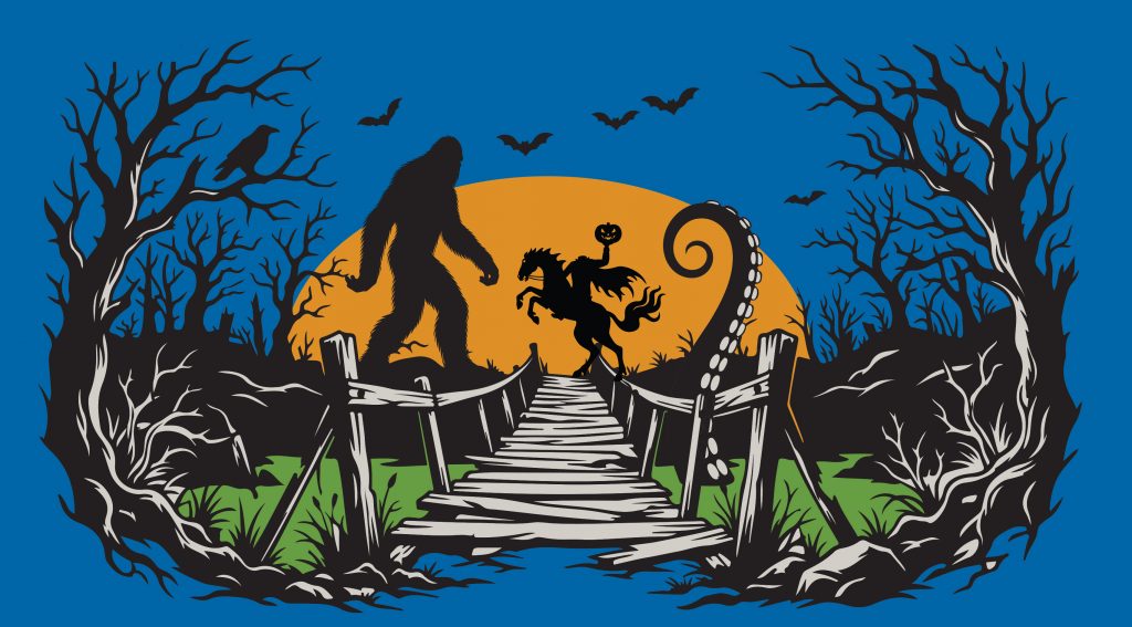 Big foot, the Headless Horseman, and an Octopus in silhouette by the setting sun.