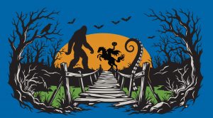 Big foot, the Headless Horseman, and an Octopus in silhouette by the setting sun.