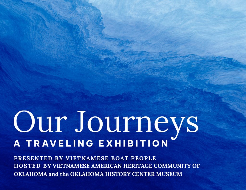 The water surface in graduated shades of blue and the words 'Our Journeys.'