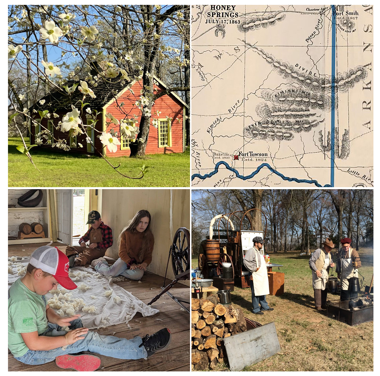 The Sutler's Store at Fort Towson, a Civil War era map, children seated for a fiber demonstration, and men preparing a campfire for cooking.