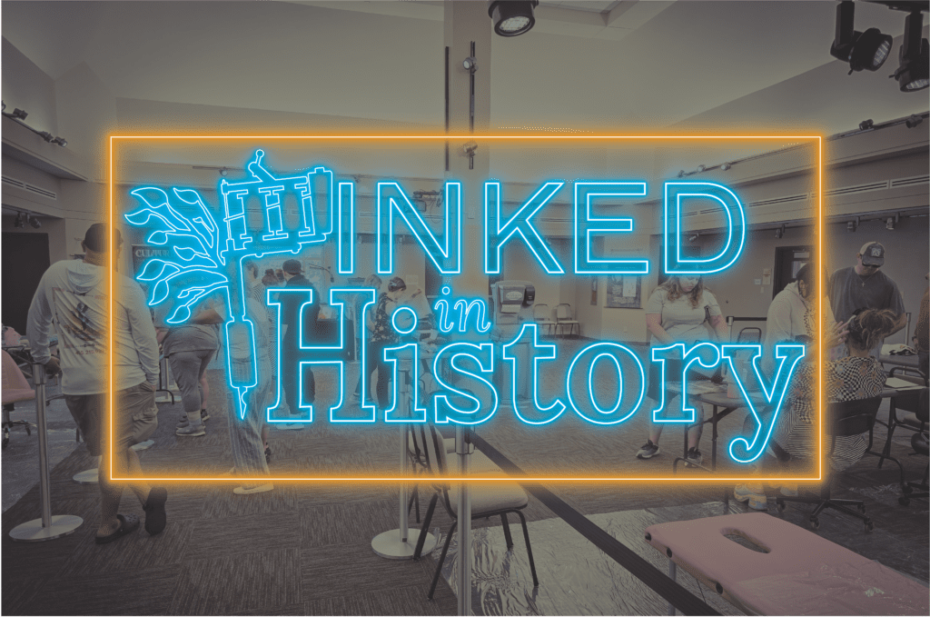 A tatoo parlor and the words 'Inked in History' in neon lettering.