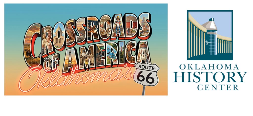 A vintage Route 66 postcard and the Oklahoma History Center logo.