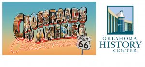 A vintage Route 66 postcard and the Oklahoma History Center logo.