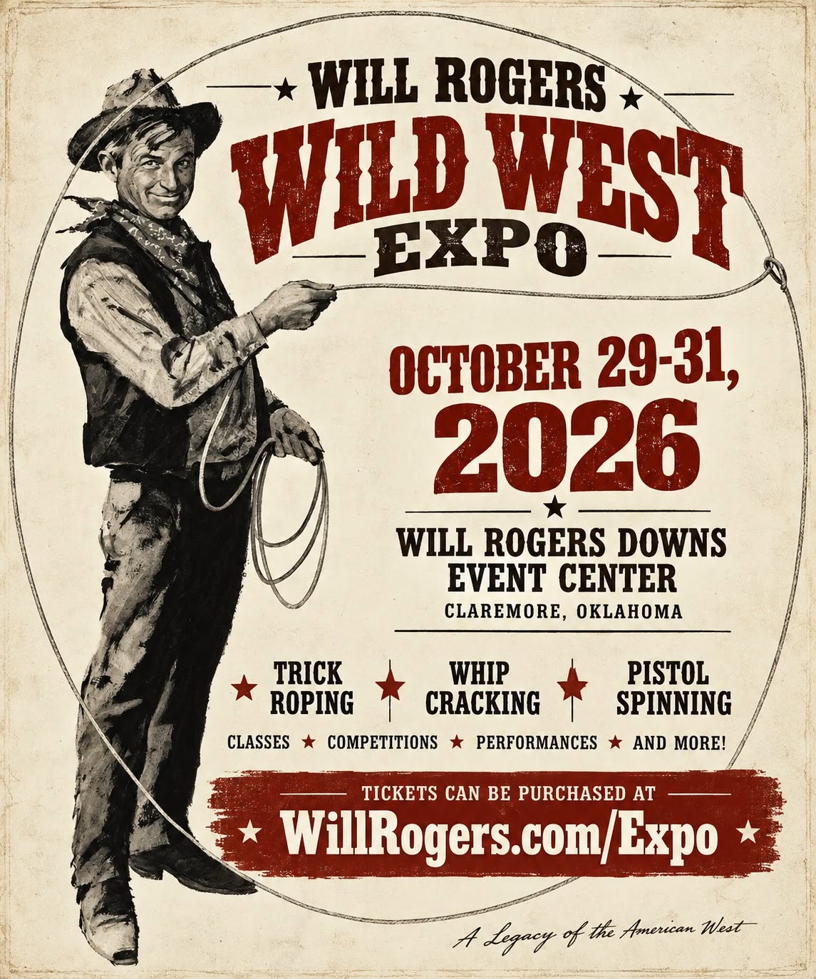 A flyer with the details of the Wild West Expo featuring a large image of Will Rogers roping the words.