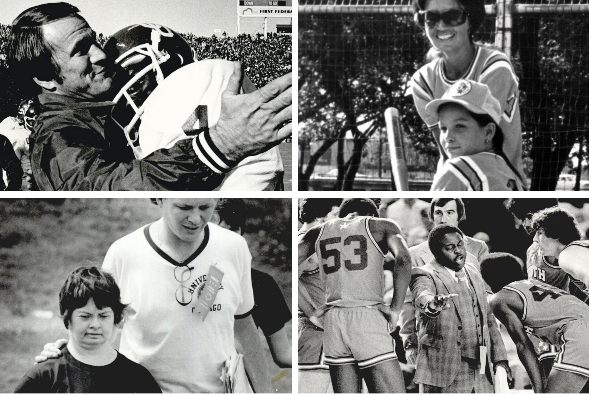  Barry Switzer embraces a football player, a girl steps up to bat, a special Olympian runs track, and a Basketball Coach addresses his team.