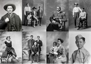 Men, women, families, and groups seated for studio portraits.