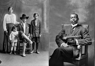 A Native American Family and a Black musician with his violin seated in two separate portraits.