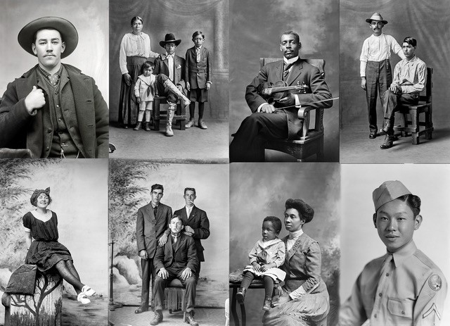 Eight photos of men, women, and families seated for portraits.