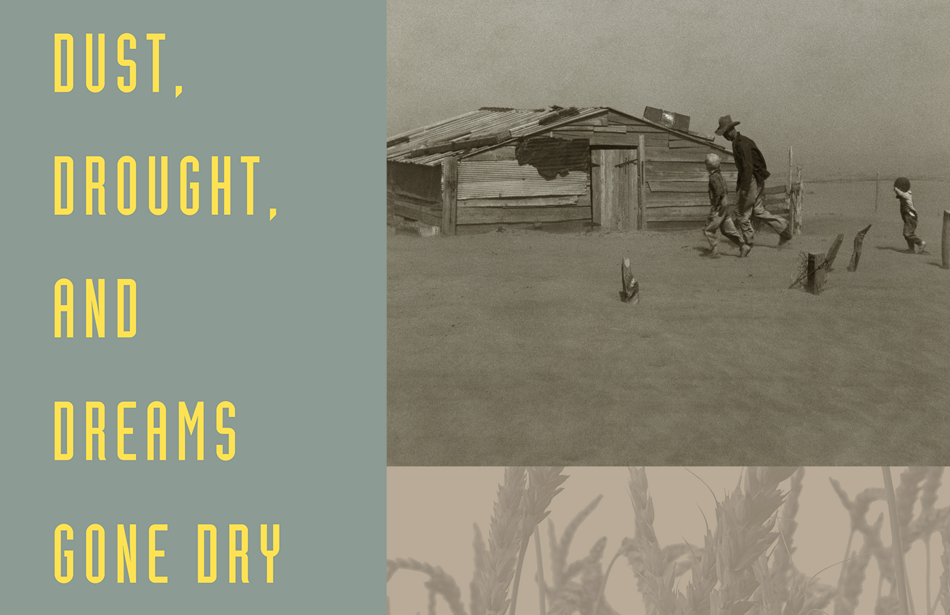 A farmer walking through a dust storm with his children.