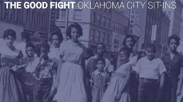 Cover image of The Good Fight Crossroads issue with students standing in downtown Oklahoma City in the 1960s