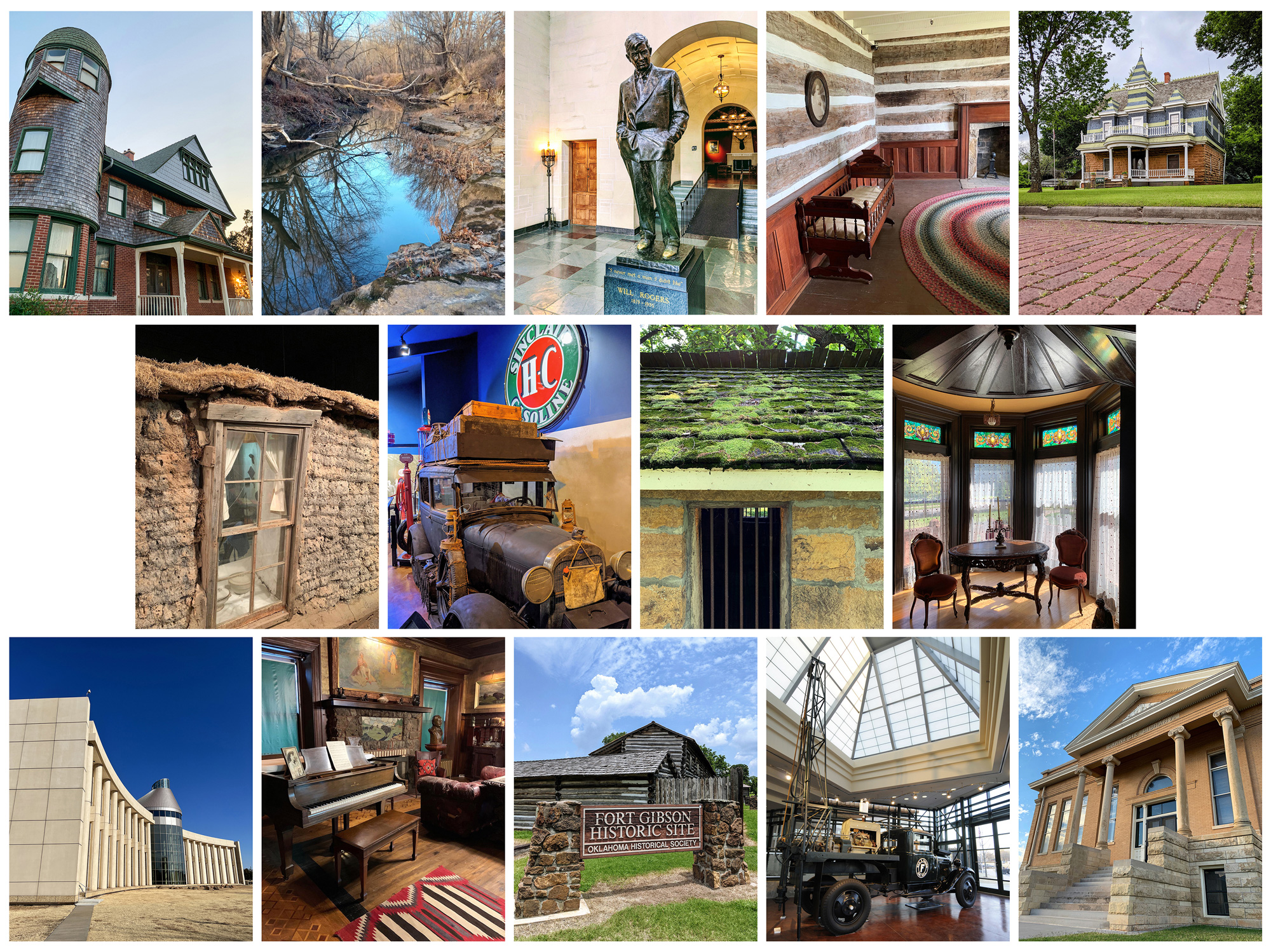 A collage of fourteen images of historic museums and sites, showing site exteriors, interoriors, historic vehicles, a sod house, and a statue of Will Rogers