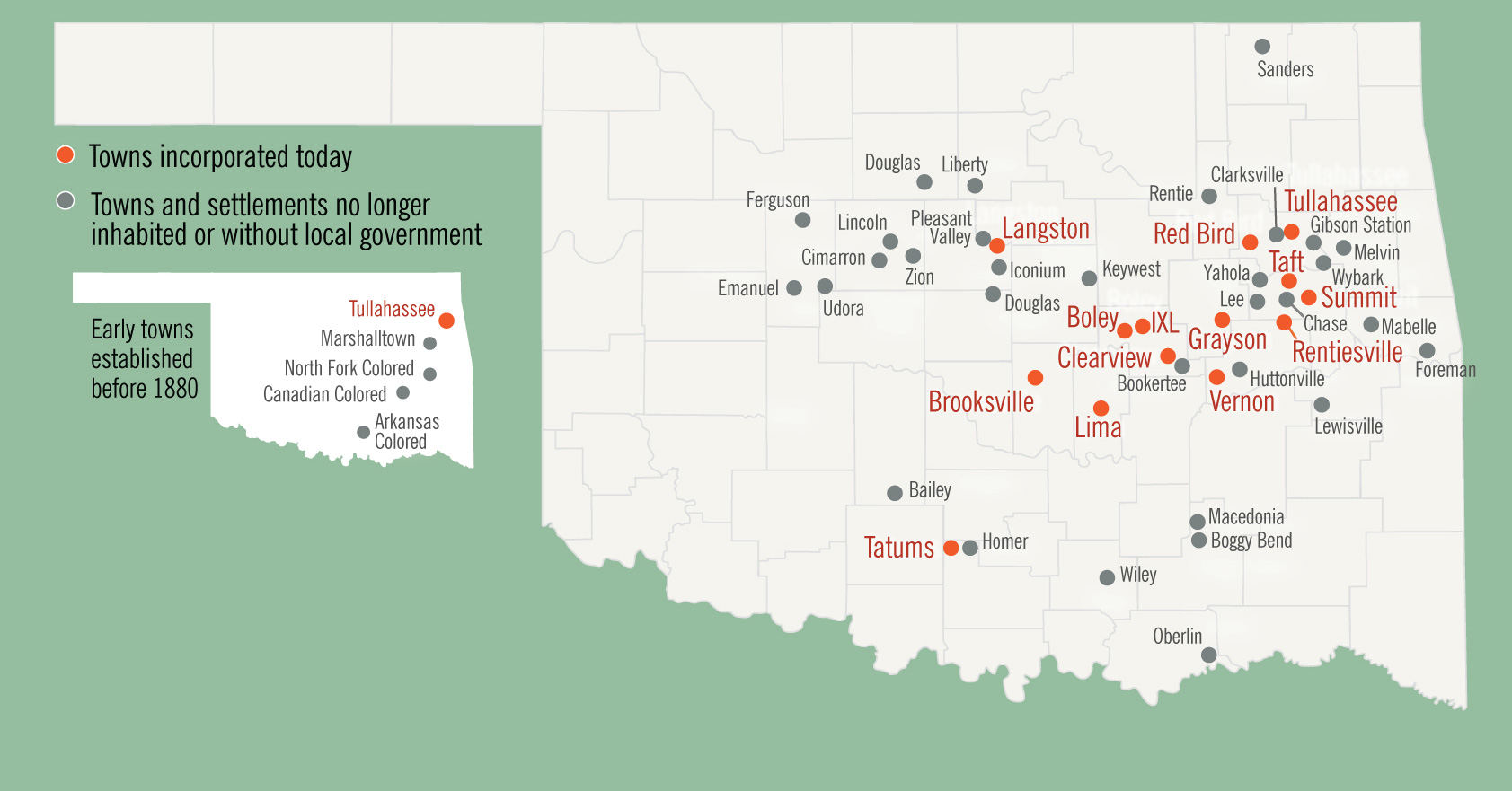 Map showing historic All-Black towns in Oklahoma