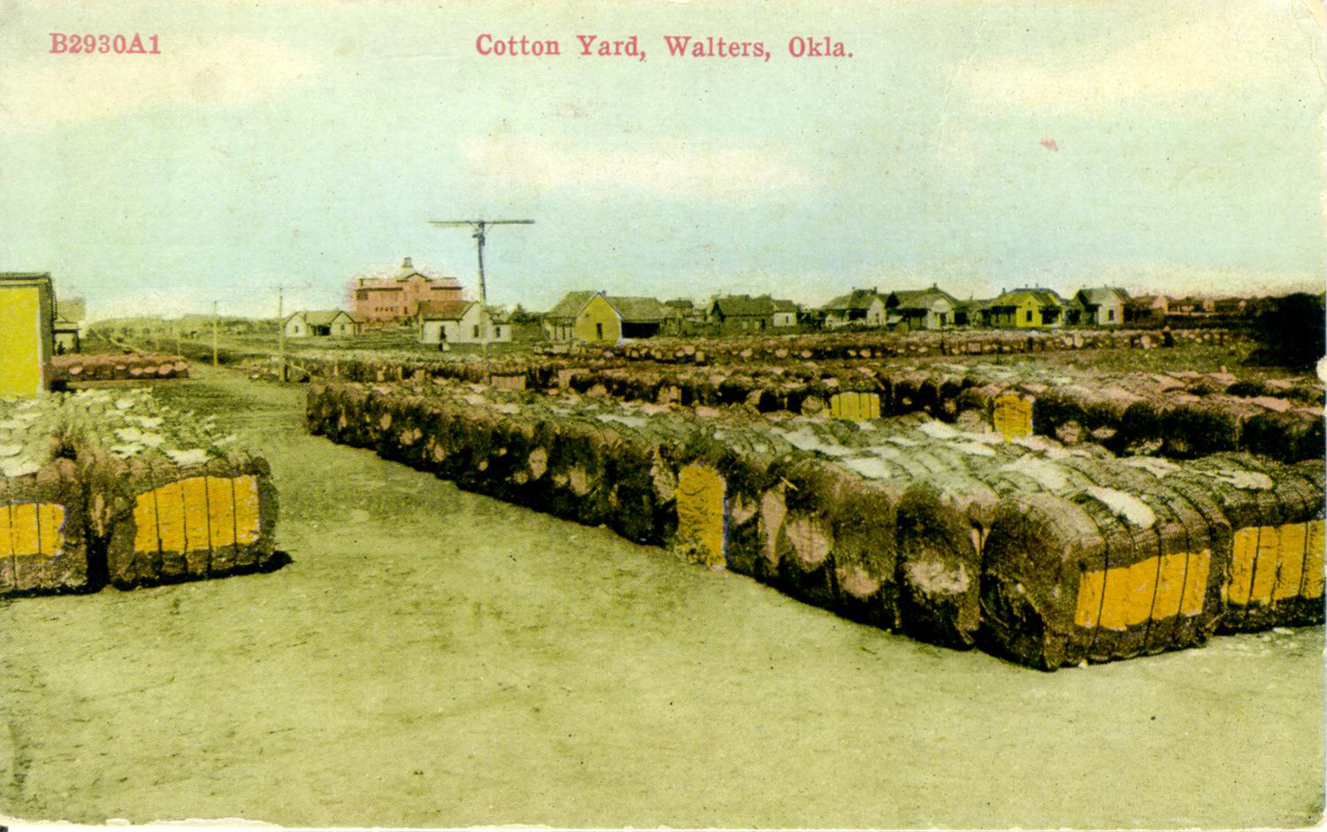 A colorized postcard view of many rows of large cotton bales. In the distance are various houses and structures.