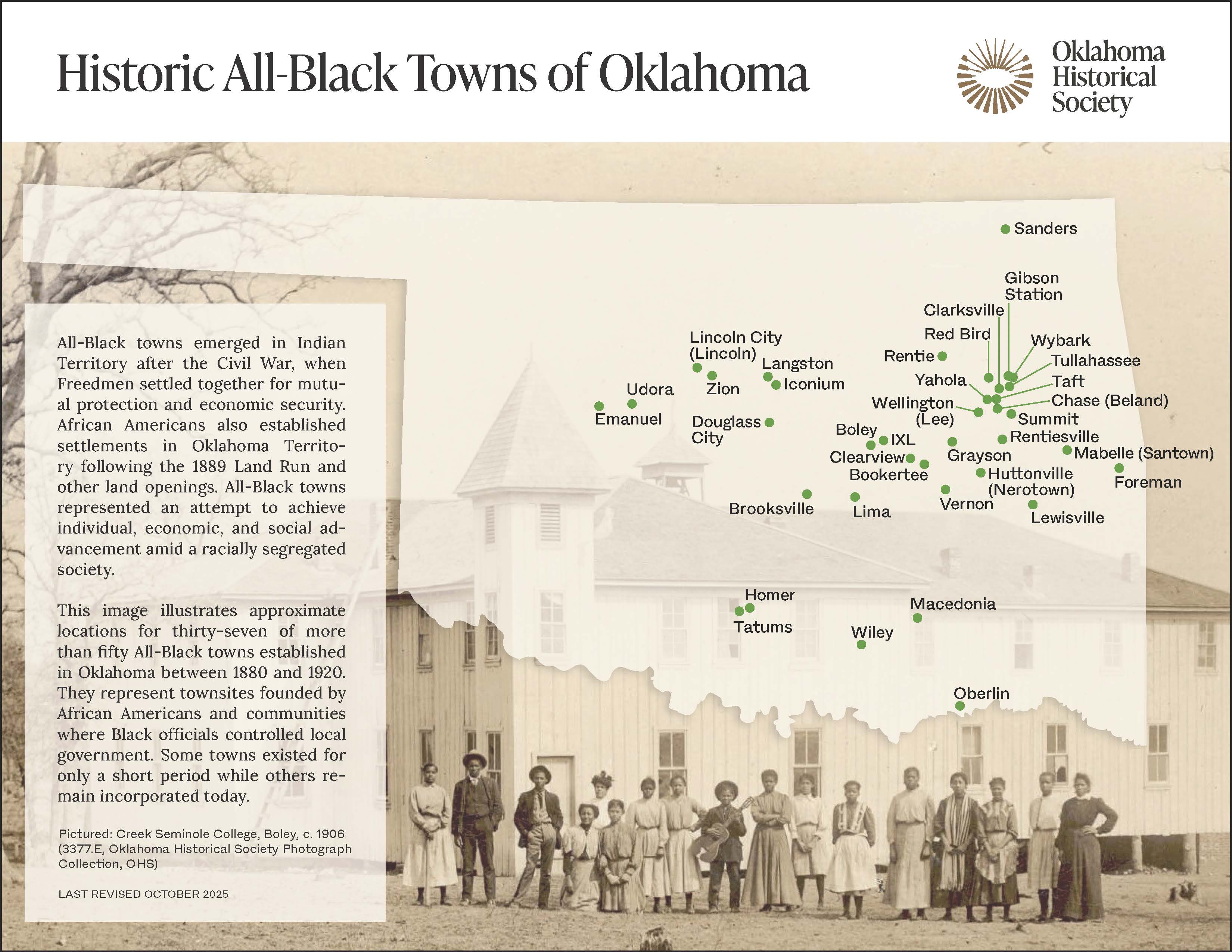 A map showing the location of historic All-Black Towns in Oklahoma. Most towns are in the central and eastern parts of the state. A historic photograph of African American people standing in front of a large wood structure is in the background. 