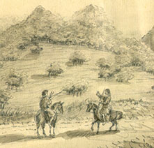 Pencil sketch of two men on horseback in front of a mountain