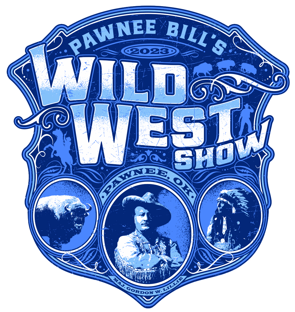 Pawnee Bill's Wild West Show logo with images of a bison, Pawnee Bill, and a man wearing in a war bonnet atop an intricate shield.