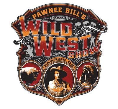 Pawnee Bill's Wild West Show logo with images of a bison, Pawnee Bill, and a man wearing in a war bonnet on an intricate shield.
