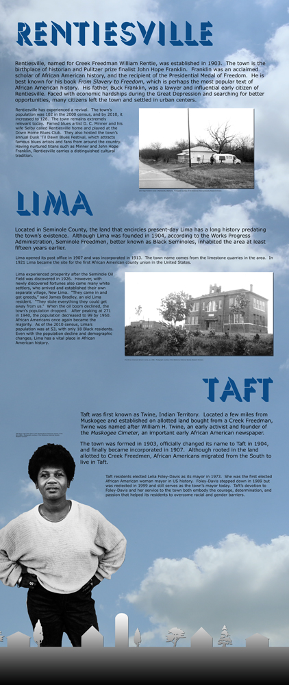 Exhibit panel about historic All-Black Towns of Rentiesville, Lima, and Taft