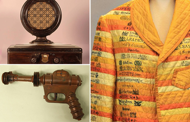 Collage of a wooden tabletop radio, a copper toy laser gun, and a jacket made of golden silk cigar ribbons