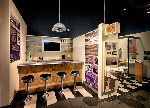 Part of an Oklahoma History Center exhibit recreating the Katz Drug Store counter with four stools