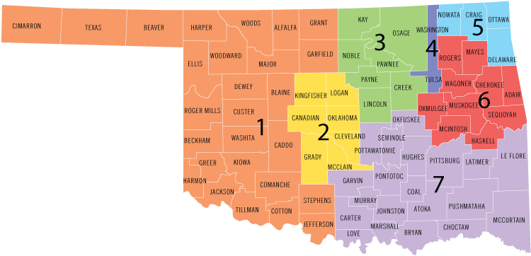 Map of Oklahoma counties showing History Day regions