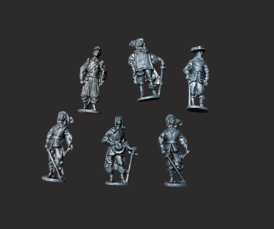 Small detailed figurines of men in various historical attire holding swords.