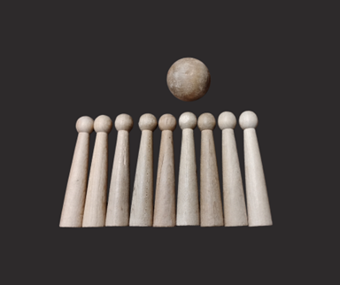 A ball and nine wooden pins with a round top and tapered body.