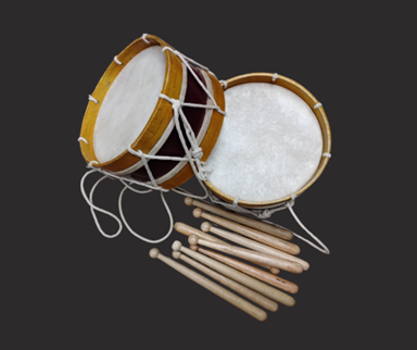 Two small drums and a pile of drumsticks.