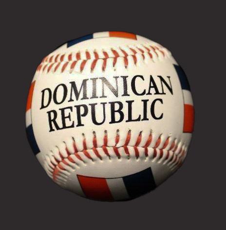 A baseball with flags and the words Dominican Republic on the outside.