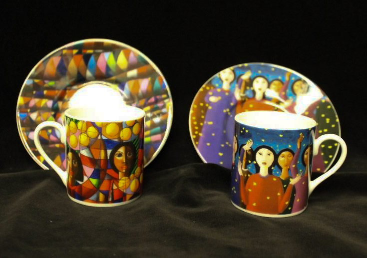 Cups and saucers featuring styles folk art-style women and colorful designs.