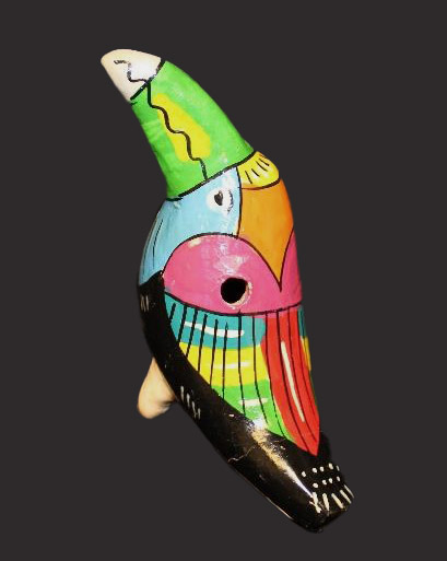 A colorful stylized wooden whistle shaped like a toucan.