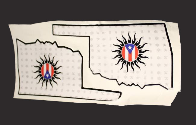 A stylized sun containing the Puerto Rican flag in the center of the shape of Oklahoma.