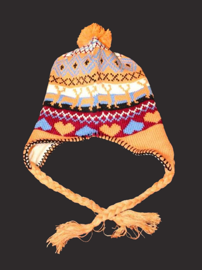 A knitted hat that ties under the chin with a pom pom on top. Patterns include hearts, deer, and Xs.