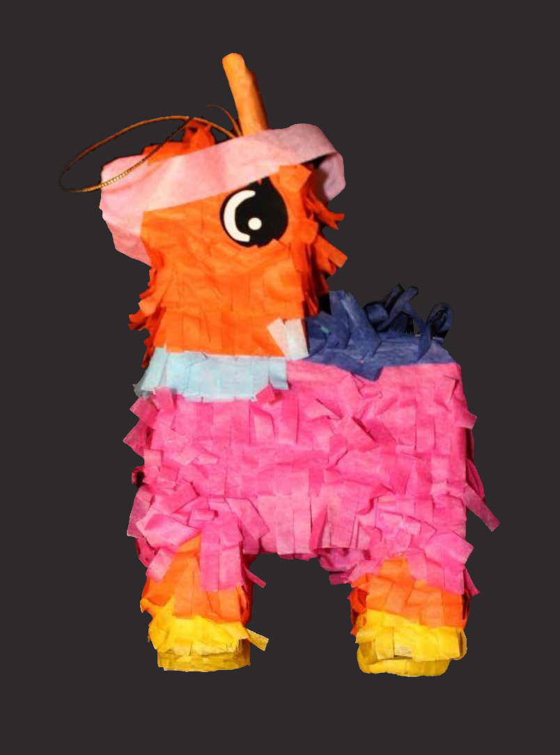 Colorful cartoonish pinata shaped like a donkey.