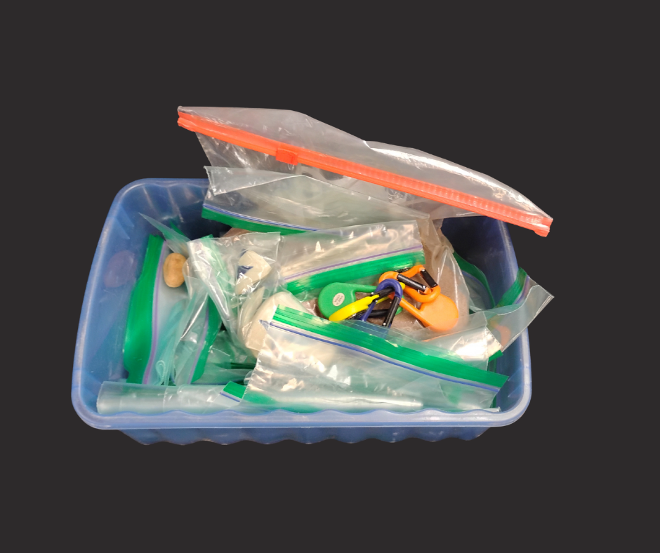 A box with small items in plastic bags.
