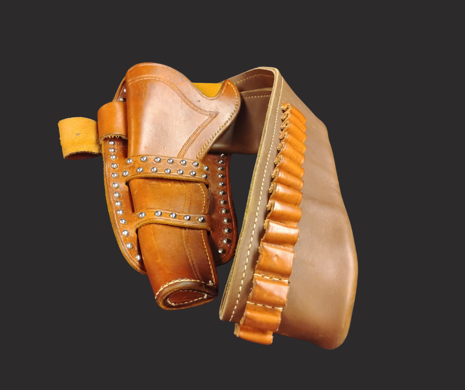 A leather holster attached to a belt.