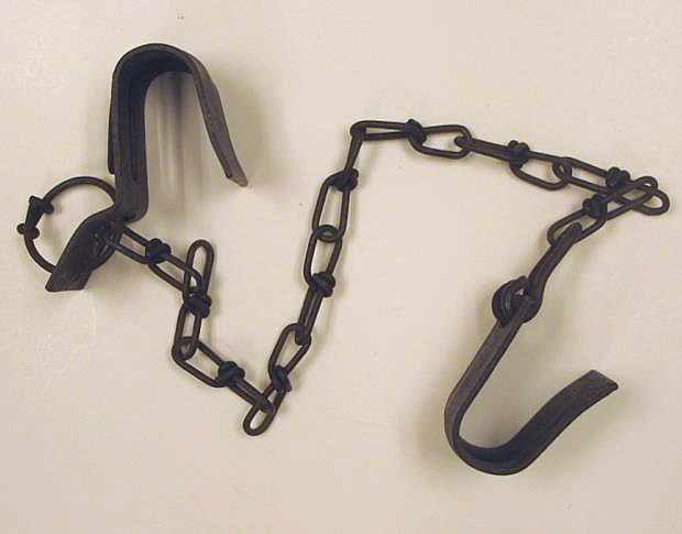 Two curved, flat metal hooks connected by a short chain.