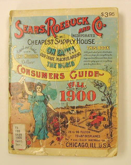 The catalog cover featured a woman in a flowing gown in a rural setting, and text including 'Cheapest Supply House' and 'Consumers Guide 1900'