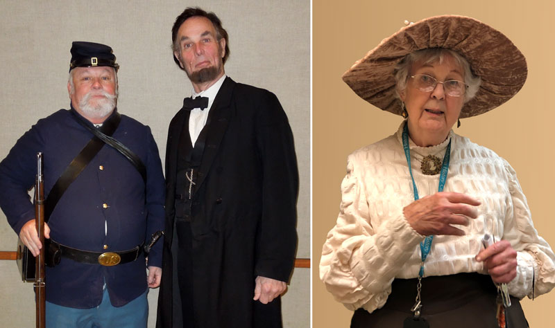 Collage of living history figures including a union solider, Abraham Lincoln, and a woman wearing a large hat, ornate blouse, and holding a fan