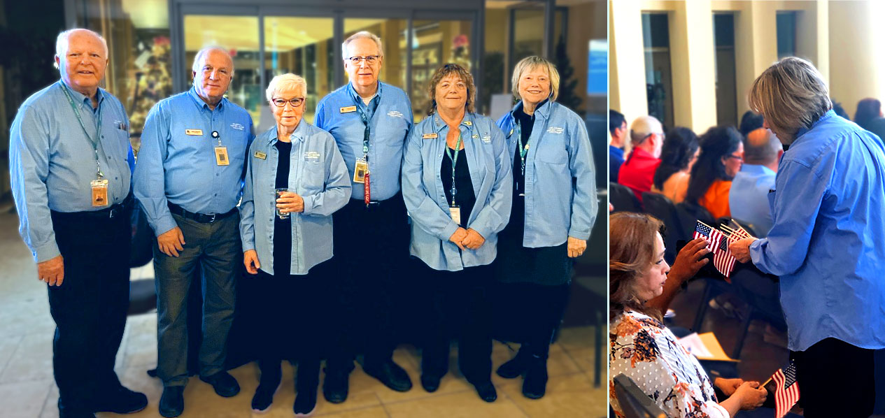 Collage showing a six volunteers in matching blue button-down shirts stand in the entry, and a volunteer handing out small US flags to visitors. 